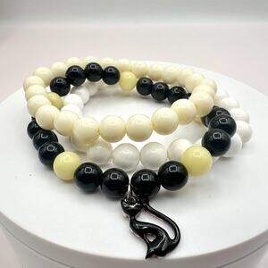 Vintage 90s Black Enameled Cat Charm Glass Bead Stretch Bracelet Set Jewelry Y2K